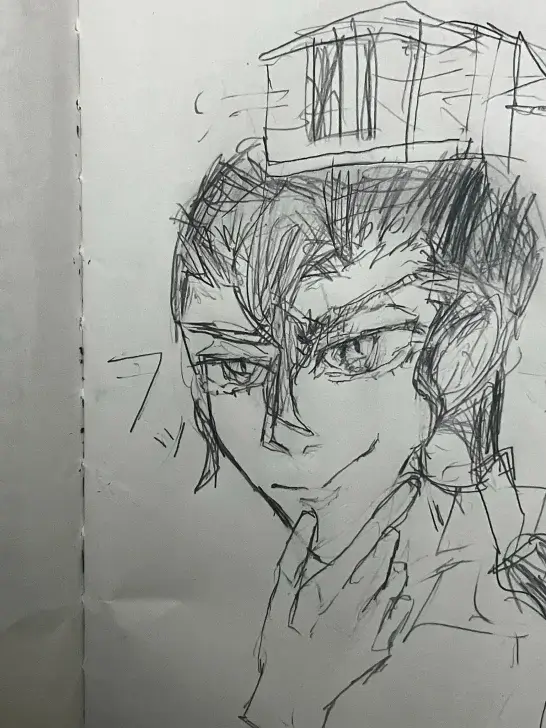 誠さんが鉛筆で描いた、口元に手を添えて笑う法正のファンアート