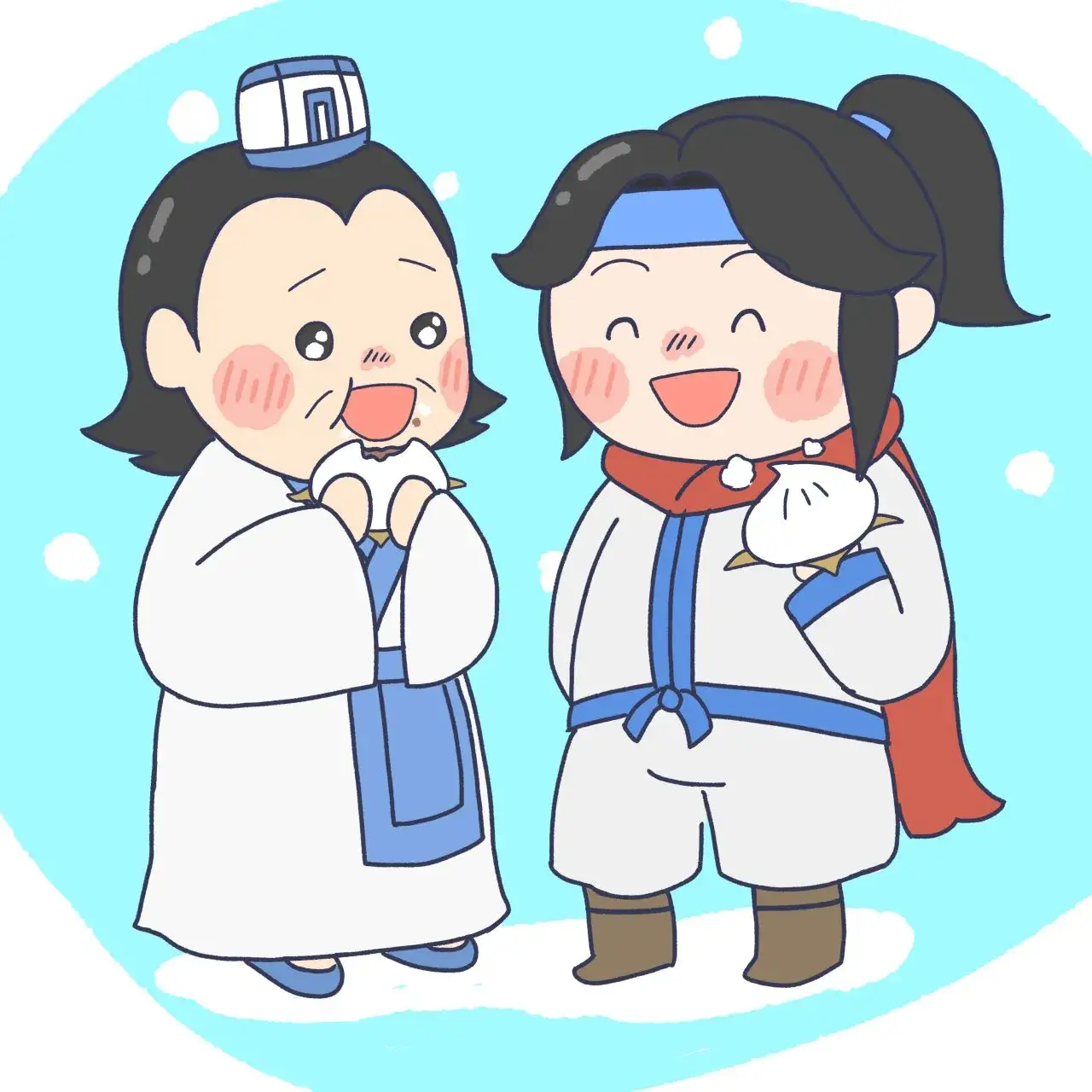 雪の中でコンビニ肉まんをほおばる諸葛亮と趙雲のファンアート